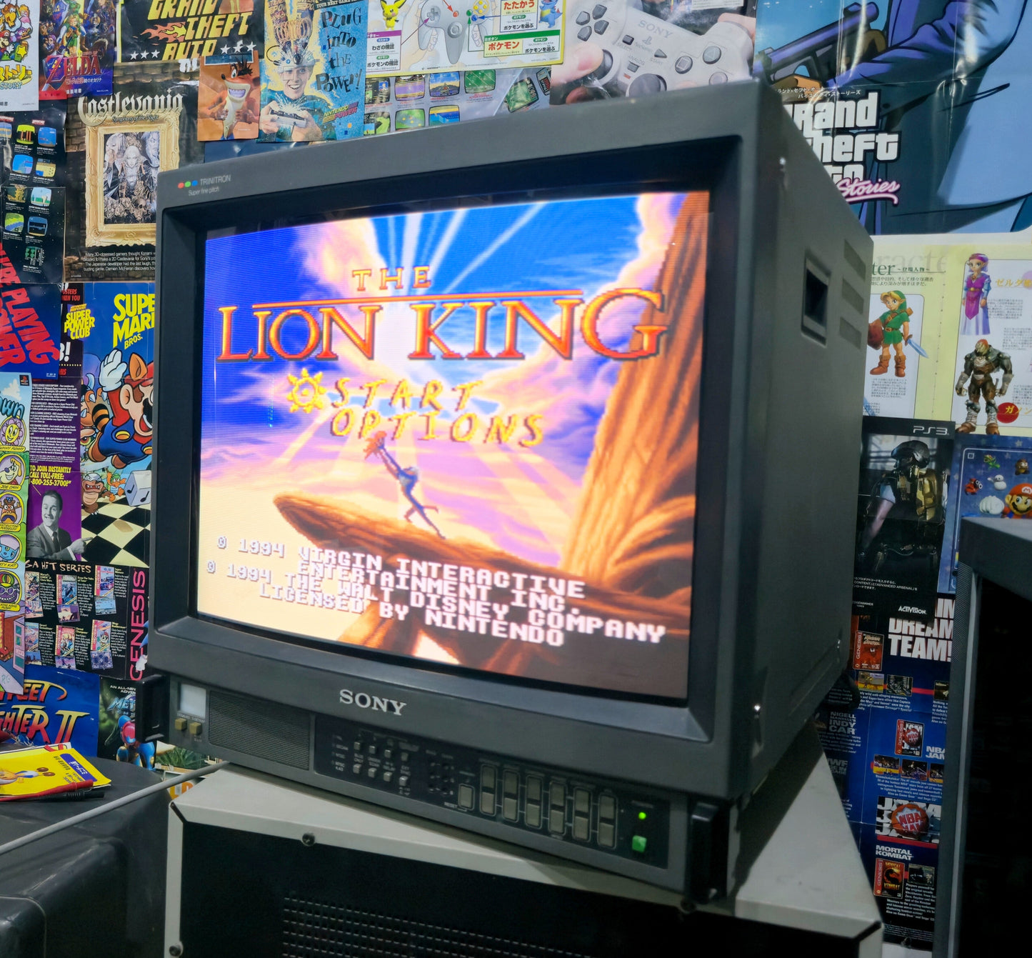 Vintage Sony television displaying 'The Lion King' video game menu in a retro gaming store.