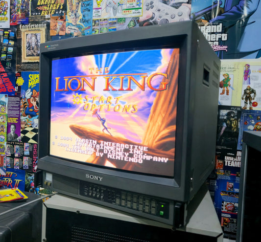 Vintage Sony television displaying 'The Lion King' video game menu in a retro gaming store.